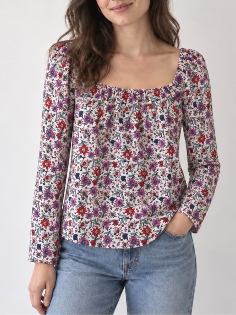LOFT Floral Square Neck Puff Sleeve Top Size S White Pink Red Stretch Blouse